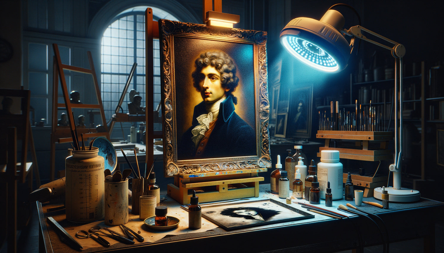 Portrait du XVIIIe siècle examiné sous lampe UV dans atelier de restauration révélant des repeints invisibles