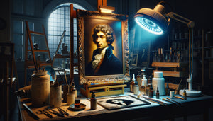 Portrait du XVIIIe siècle examiné sous lampe UV dans atelier de restauration révélant des repeints invisibles