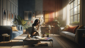 Femme réfléchissant à son style artistique dans un intérieur en transition entre plusieurs ambiances décoratives