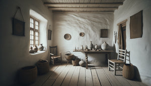 Intérieur scandinave authentique du XVIIe siècle aux murs blanchis à la chaux, palette monochrome austère reflétant la dévaluation monétaire