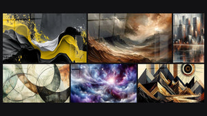 Mosaïque de six tableaux, dont Les Liens Invisibles, Essence de Lumière Céleste et Écho des Vents