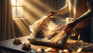 Moment intime de dévoilement d'un tableau cadeau soigneusement emballé, mains défaisant délicatement le papier