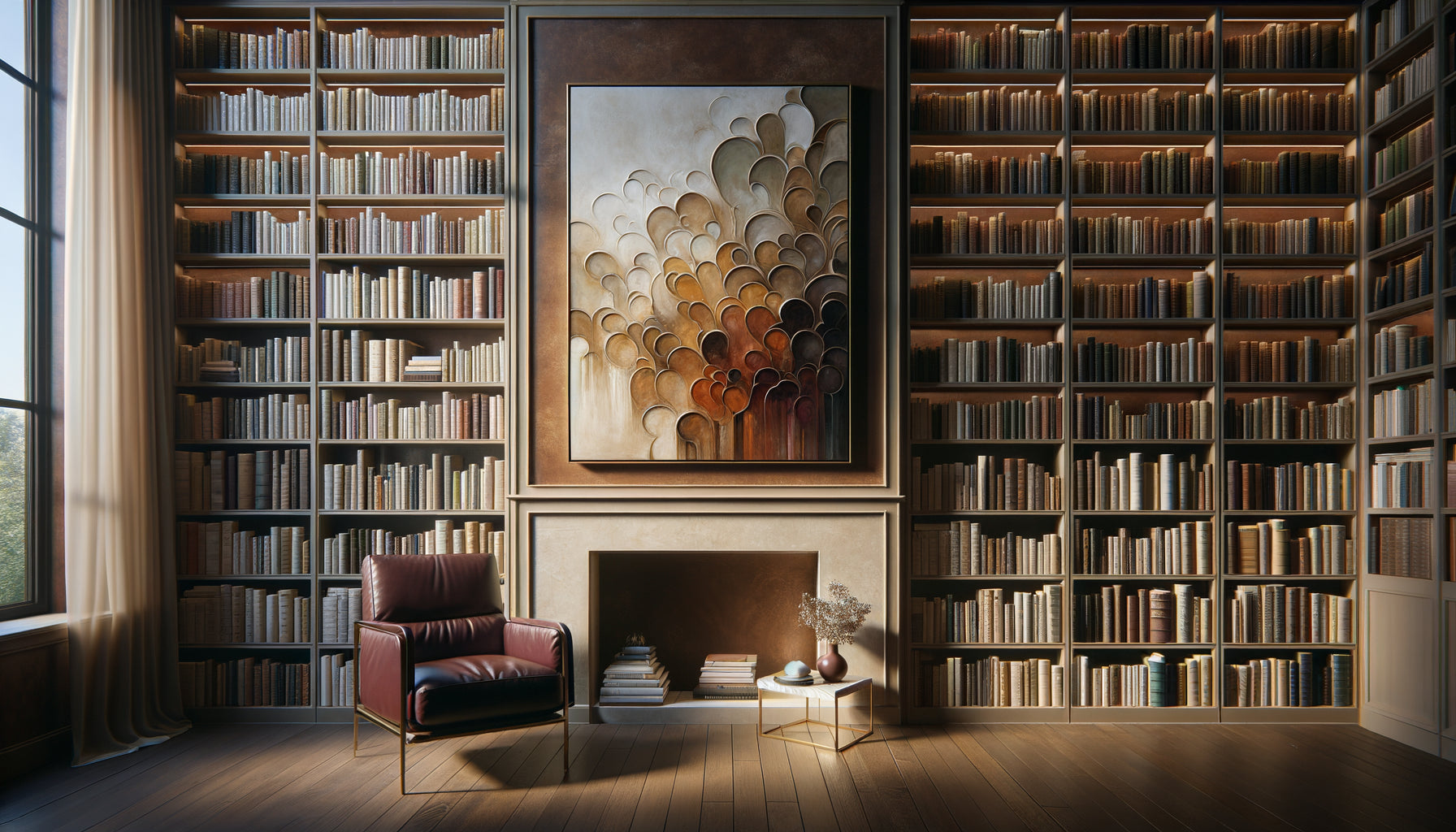 Bibliothèque personnelle contemporaine avec œuvre abstraite moderne créant un dialogue visuel subtil avec les livres