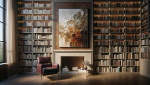 Bibliothèque personnelle contemporaine avec œuvre abstraite moderne créant un dialogue visuel subtil avec les livres
