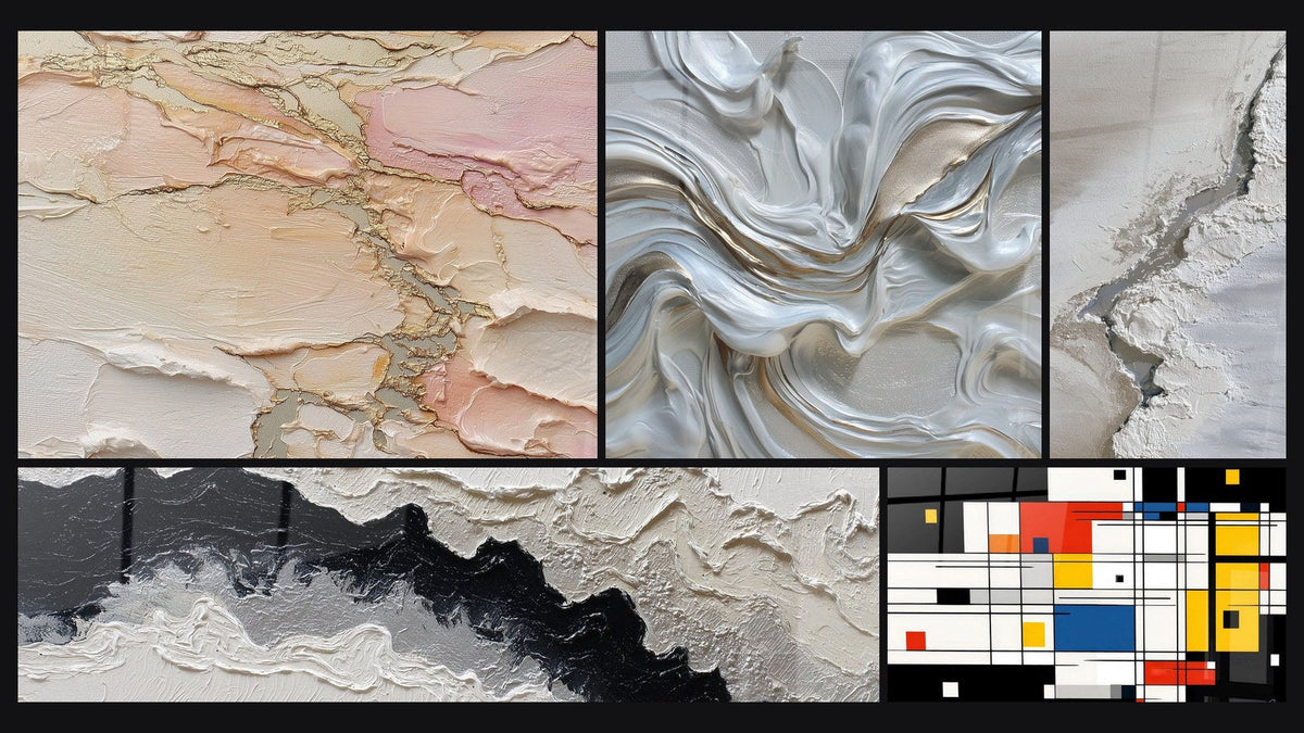 Mosaïque de cinq tableaux, dont Abstrait texturé beige rosé doré et Abstrait tourbillons blanc nacré et doré