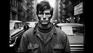 Portrait noir et blanc frontal dans le style photographique de Diane Arbus années 1960, sujet marginal américain, éclairage flash direct