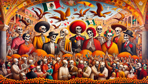 Fresque murale style Diego Rivera montrant squelettes festifs mélangeant classes sociales, esthétique muralisme mexicain révolutionnaire années 1920-30