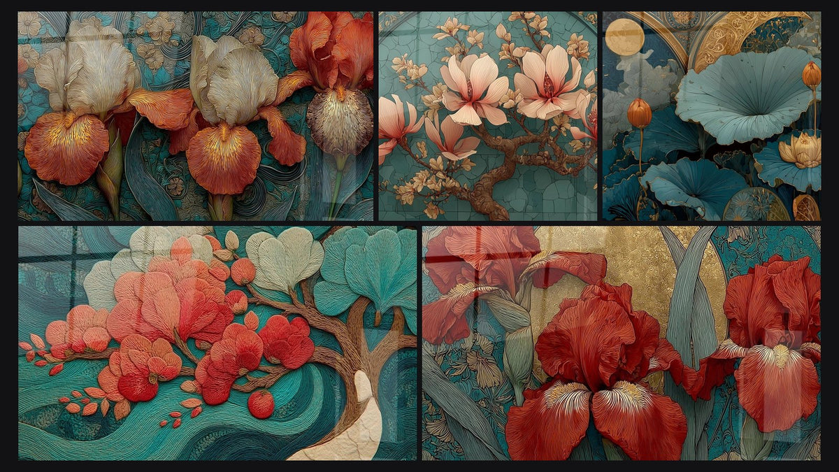 Mosaico de cinco cuadros, entre ellos Iris Esplendor Floral, Orquídeas melodía serpentina y Magnolia Emoi Rojo Carmesí