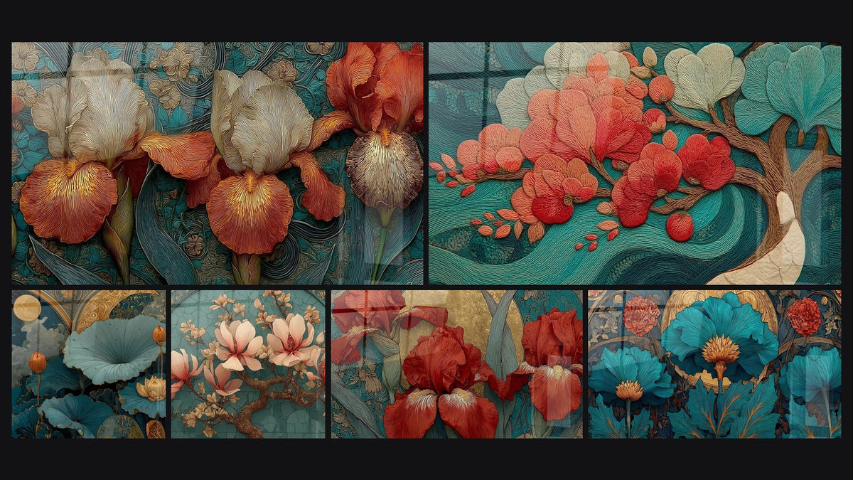 Mosaïque de six tableaux, dont Iris Splendeur Florale, Lotus Rêverie Orientale et Magnolia Émoi Carmin
