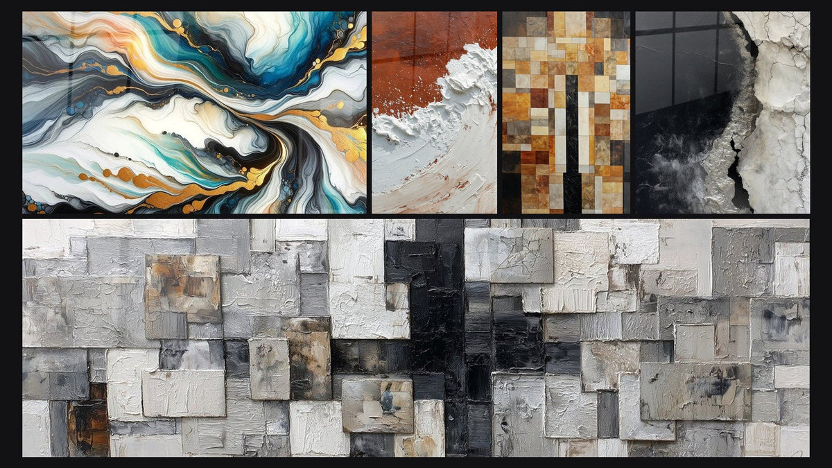 Mosaic of five paintings, including Colorful Currents and Abstract Black White Gray Cracked Textured