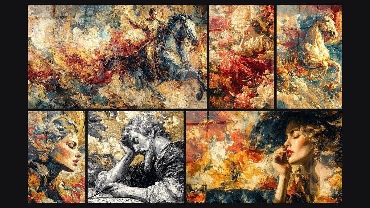 Mosaïque de six tableaux, dont Cavalier Conquête Flamboyante, Femme Beauté Intemporelle et Femme Extase Florale