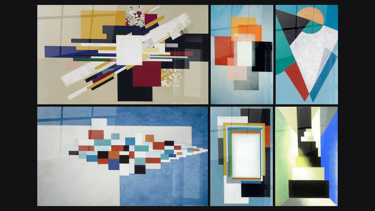 Mosaic of six paintings, including Dynamic Geometry Fragments and Geometric Shapes Functional Contrast