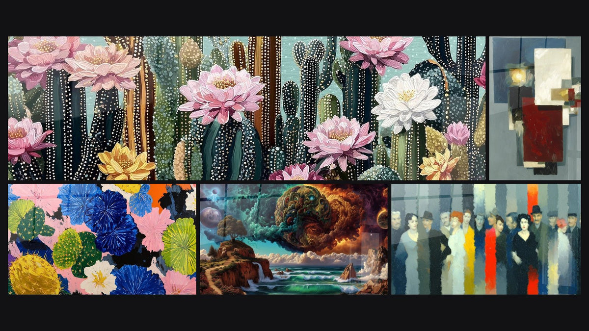 Mosaik aus fünf Gemälden, darunter Kaktus und tropische Blüten mehrfarbig und Kosmische Landschaft Verflochtene Welten