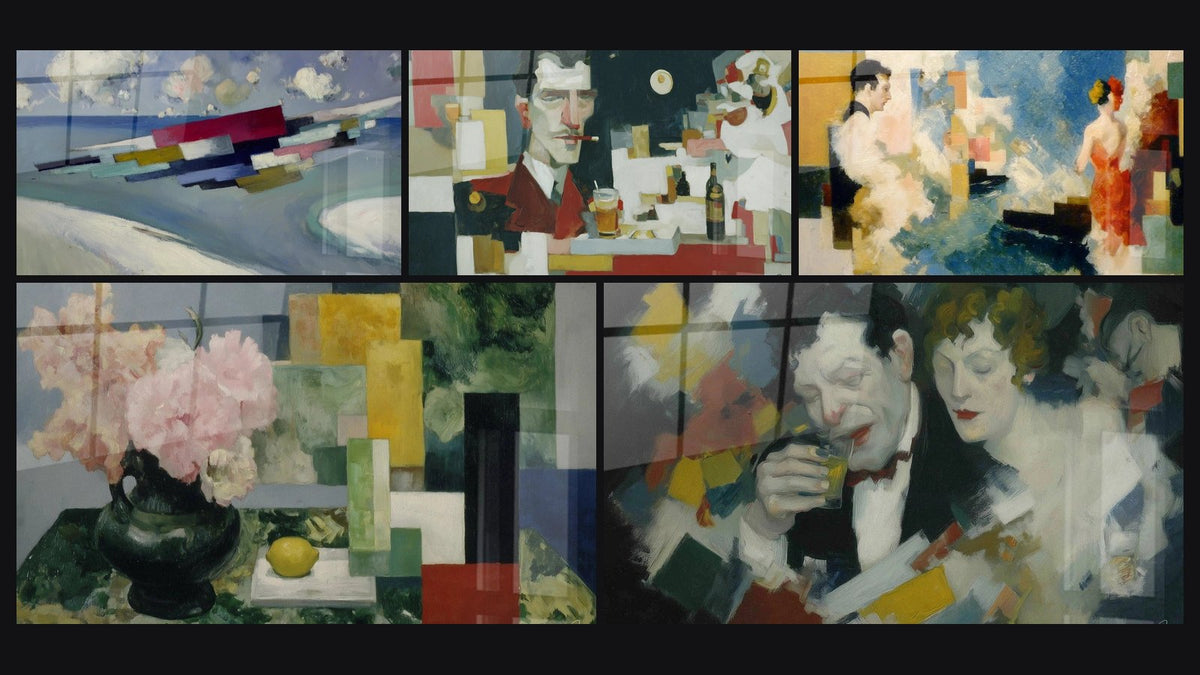 Mosaico de cinco cuadros, entre ellos Abstracto bloques suspendidos evasión y Hombre fumador cubista
