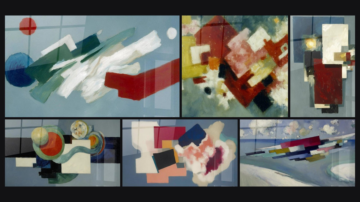 Mosaïque de six tableaux, dont Formes géométriques hasard maîtrisé et Formes géométriques danse anarchique