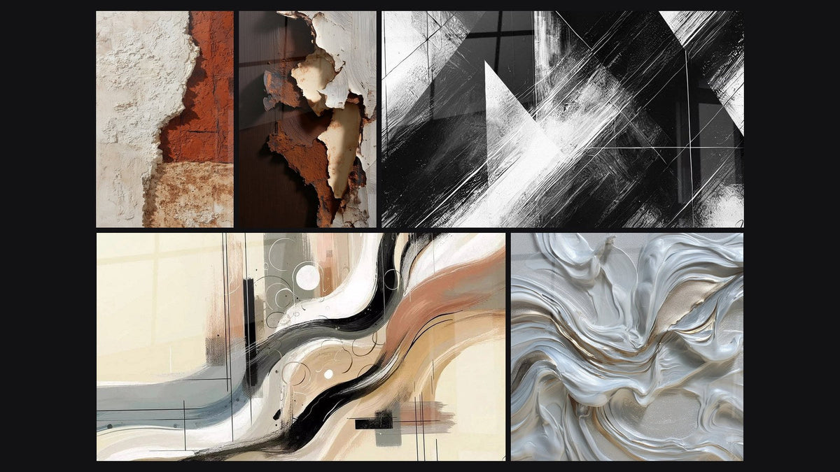 Mosaïque de cinq tableaux, dont Abstrait écorces et fissures blanches ocre et Sillage Abstrait