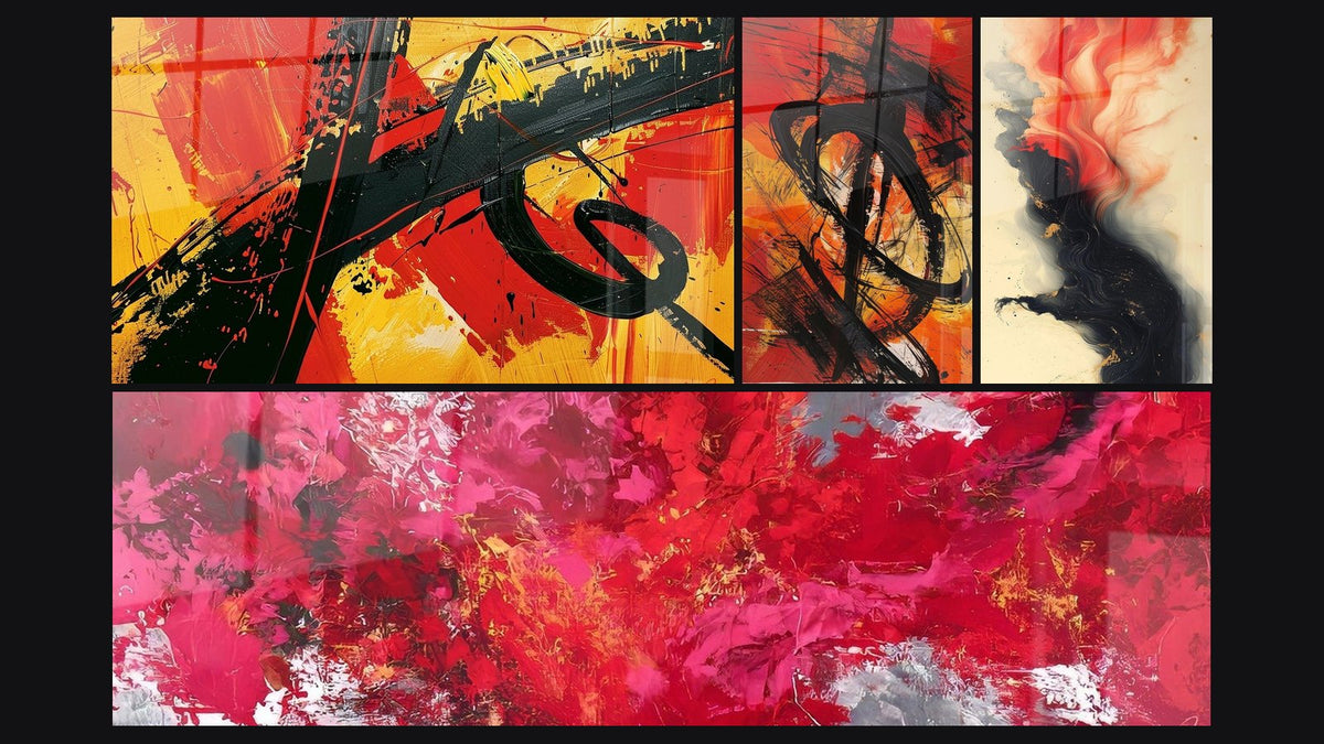 Mosaïque de quatre tableaux, dont Abstrait expressionniste, Abstrait rouge et Abstrait Noir et Rouge