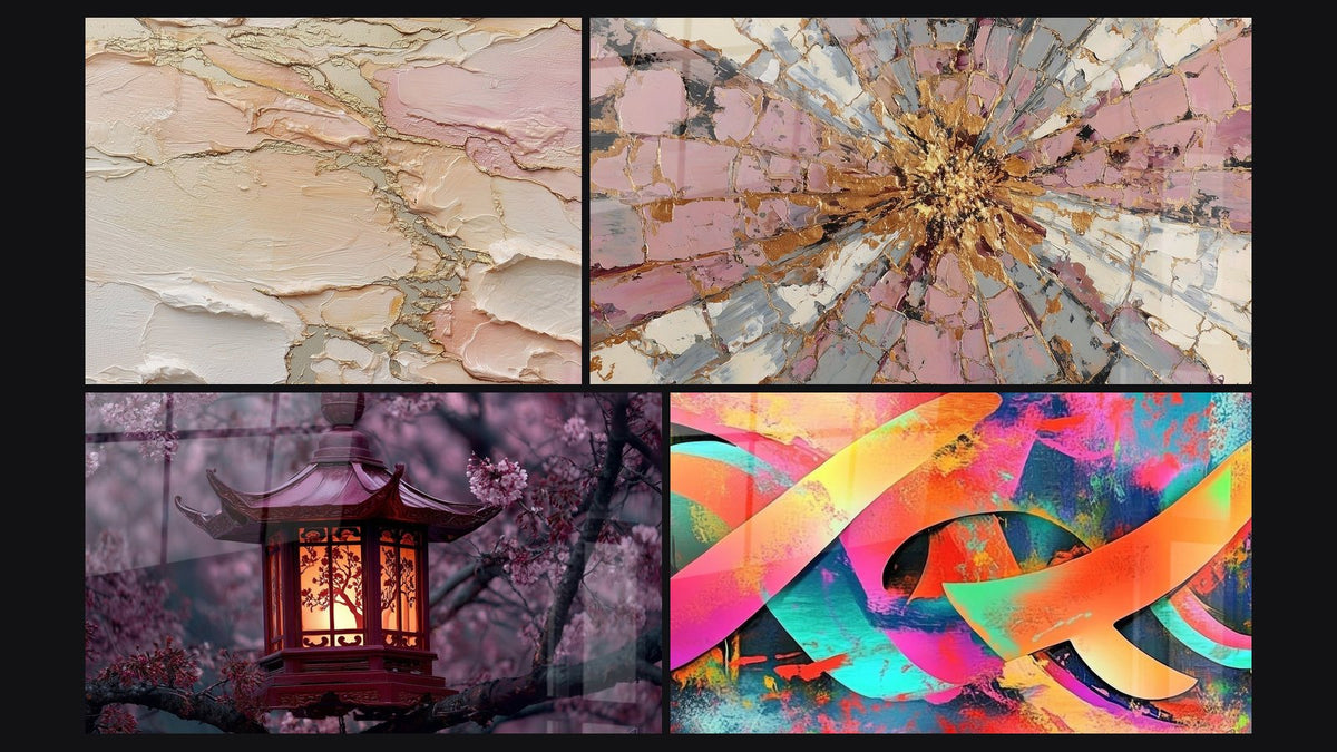 Mosaïque de quatre tableaux, dont Abstrait texturé beige rosé doré et Explosion Rose et Or à Centre Rayonnant