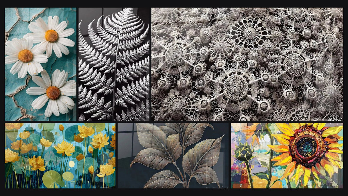Mosaïque de six tableaux, dont Marguerite N°2, Nature en Ombre et Nénuphars Dorés sur Fond Azur