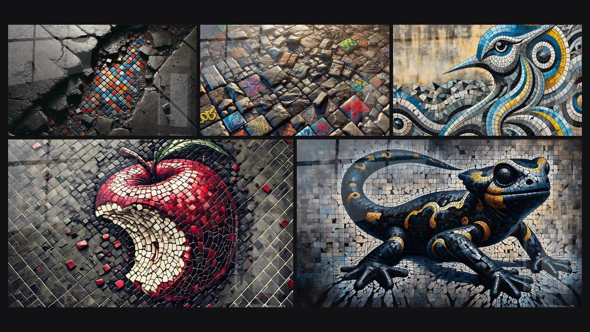 Mosaïque de cinq tableaux, dont Les Traces du Passé, Les Couleurs des Pavés et La Marque du Péché