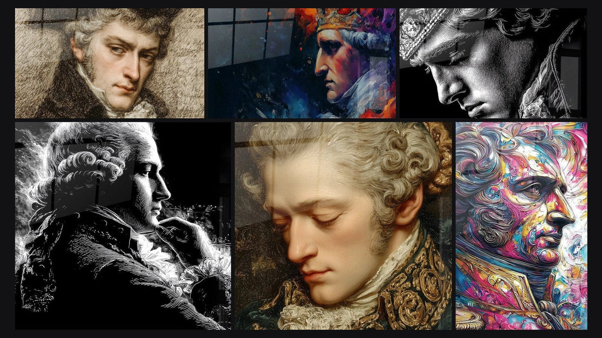 Mosaïque de six tableaux, dont Portrait Esquisse Vivante, Louis XVI Regard Souverain et Portrait Grâce Pensive Lumière