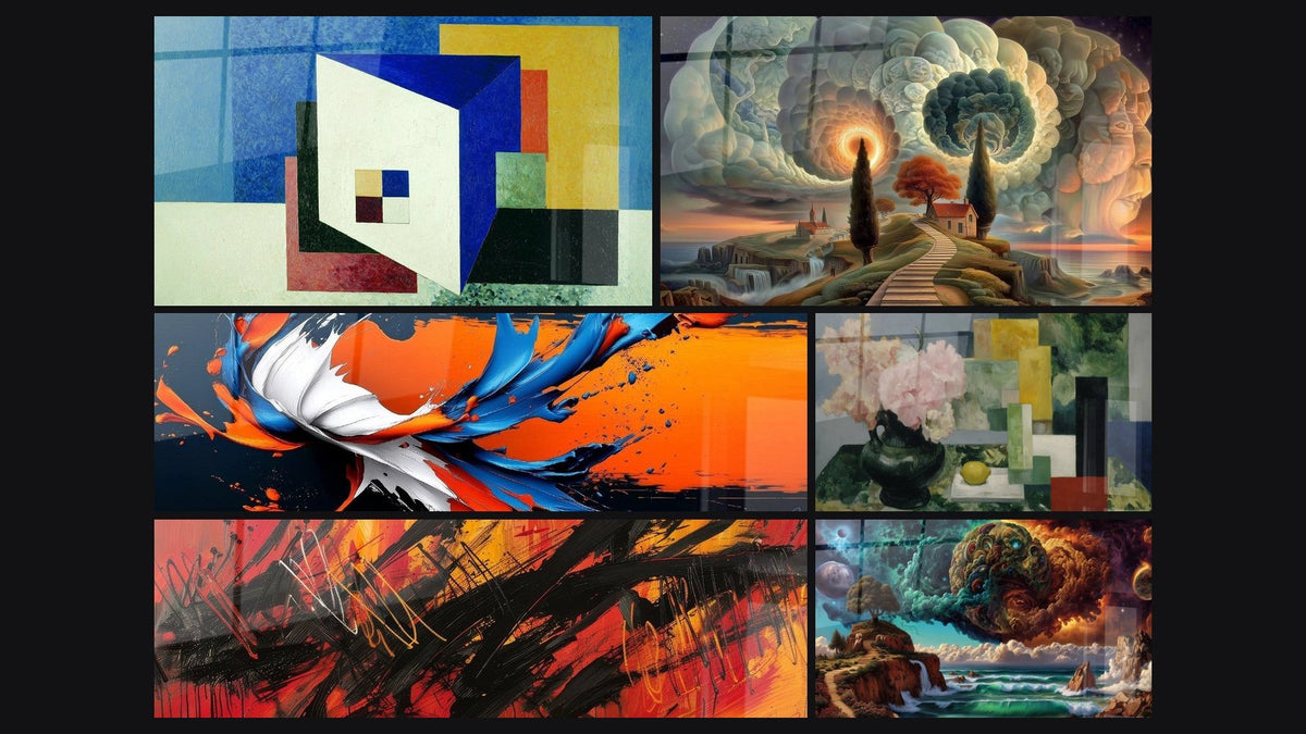 Mosaico de seis cuadros, entre ellos Abstracto colorido Movimiento Progresista y Abstracto explosión de colores