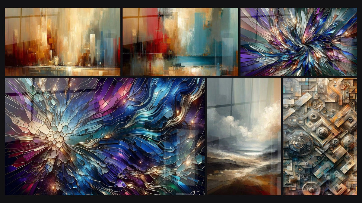 Mosaic of six paintings, including Urban Reflections at Twilight, Urban Fragmentation and Stained Glass Splendor