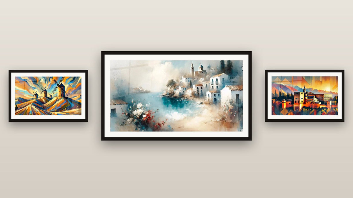 Mur de galerie avec trois tableaux encadrés : Grenade N°1, Espagnol N°4 et Espagne N°2