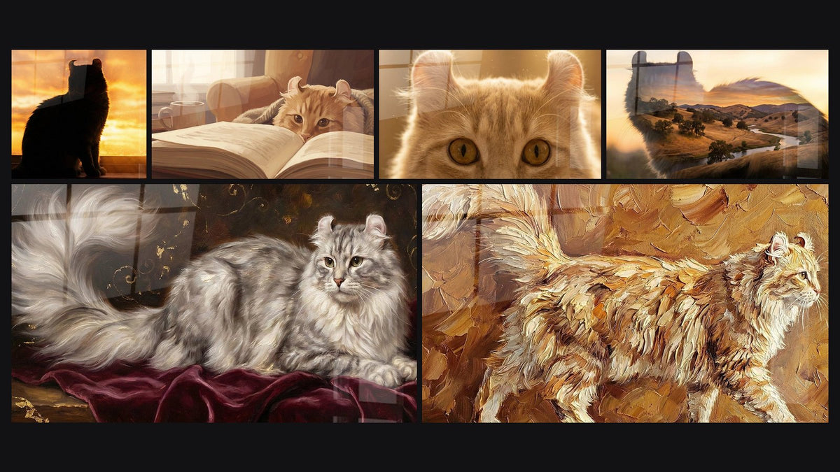 Mosaïque de six tableaux, dont Chat Silhouette Coucher de Soleil et Chat American Curl Aristocratique