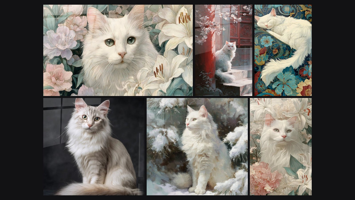 Mosaico de seis cuadros, entre ellos Gato Angora Turco en Jardín Floral y Gato Turkish Angora sentado