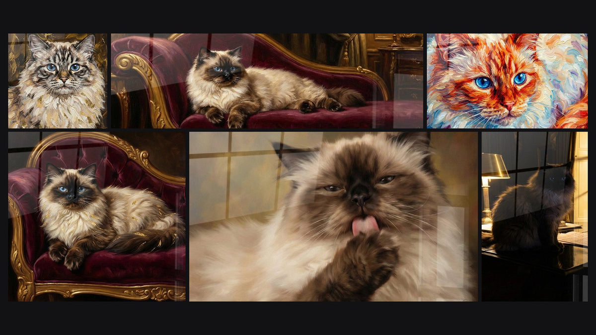 Mosaik aus sechs Gemälden, darunter Himalaya-Katze auf viktorianischem Sofa und Ausdrucksstarke Himalaya-Katze