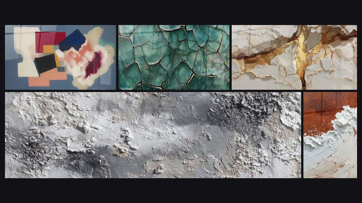 Mosaïque de cinq tableaux, dont Formes géométriques poésie carrée et Terre Fracturée