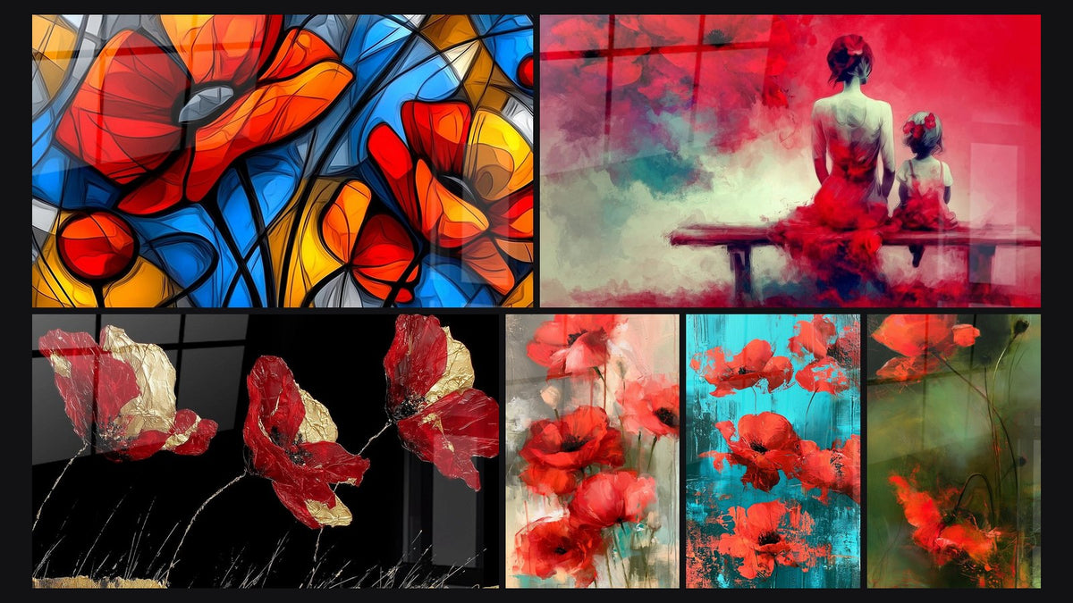 Mosaïque de six tableaux, dont Abstraite de Fleurs Stylisées Multicolores