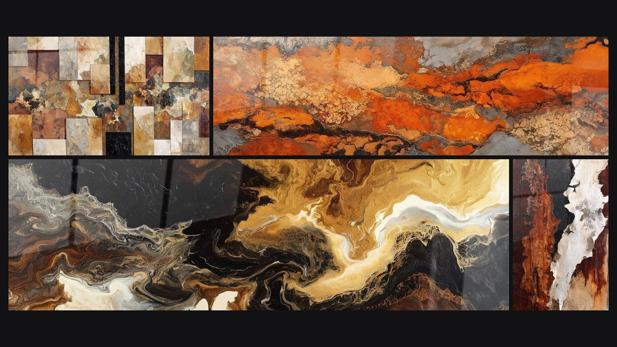 Mosaïque de quatre tableaux, dont Abstrait tourbillons dorés et noirs