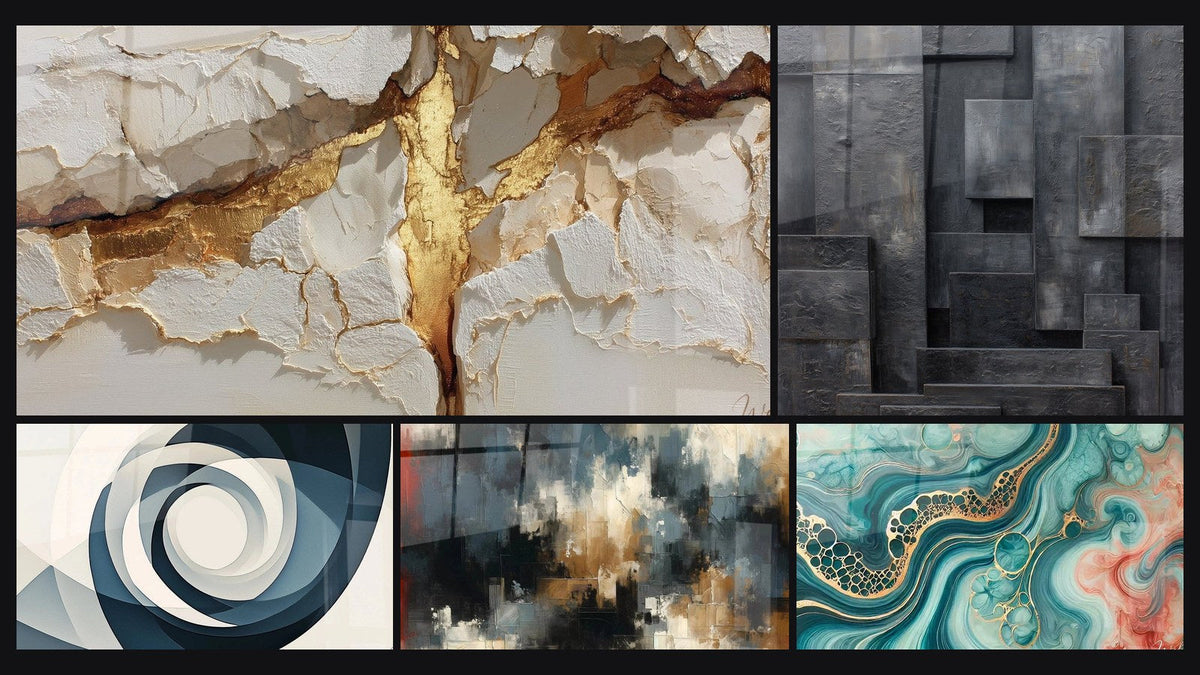 Mosaïque de cinq tableaux, dont Vortex Azur, Chaos Organisé et Marée d'Aquarelle