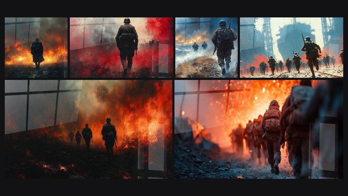 Mosaico de seis cuadros, entre ellos Soldado Humo Trágico, Soldado Brumas Púrpura y Soldados Marcha Infernal