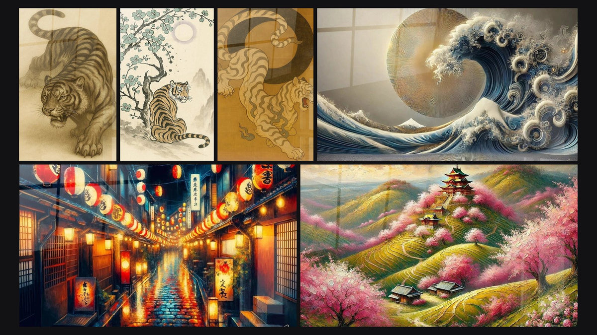 Mosaic of six paintings, including Fierce Silence, The Wild Wait and Void Guardian