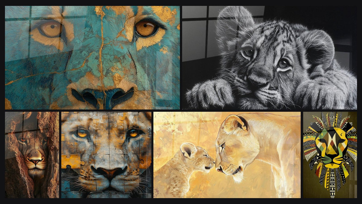 Mosaïque de six tableaux, dont Lion aux Tons Turquoise et Dorés, Lionceau Noir et Blanc aux Yeux Perçants et Lionne N°2