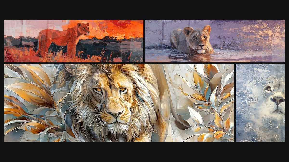 Mosaïque de quatre tableaux, dont Lion Majestueux dans Nuages Bleus et Dorés
