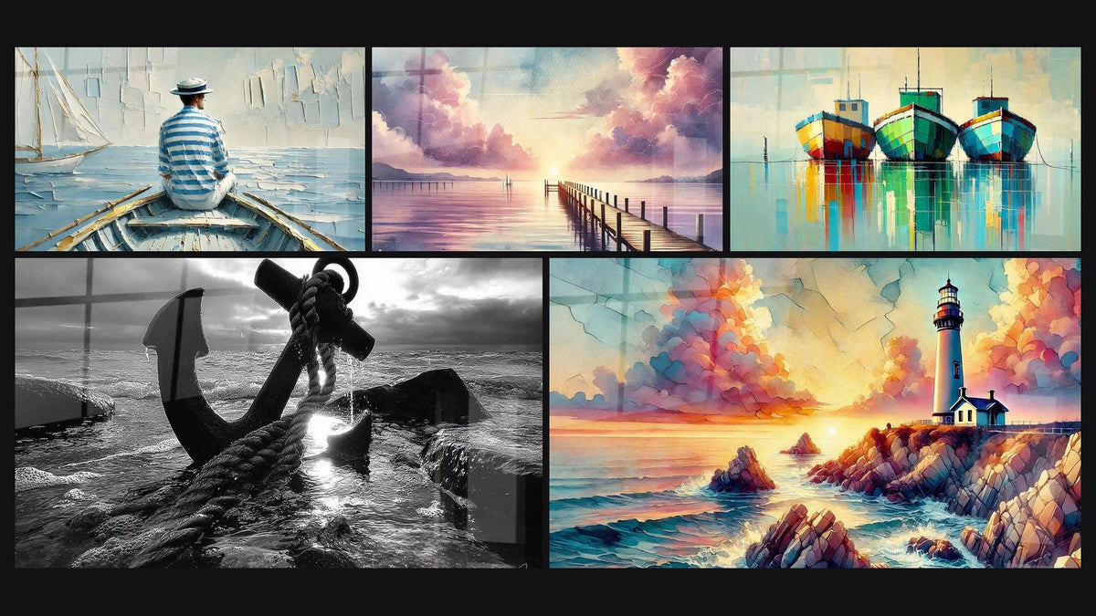 Mosaik aus fünf Gemälden, darunter Die Kunst des Wassers, Marineanker Tafel und Zum Horizont