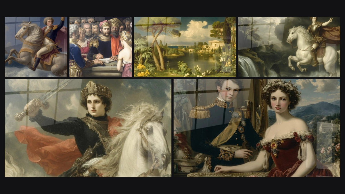 Mosaïque de six tableaux, dont Cavalier Triomphant, Empereur Couronne Dorée et Arcadie Vision Idéale