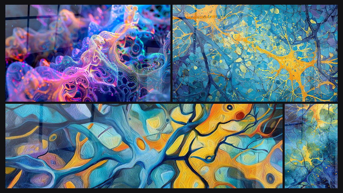 Mosaïque de quatre tableaux, dont Connexions synaptiques, Réseau neural abstrait et Réseau de Neurones
