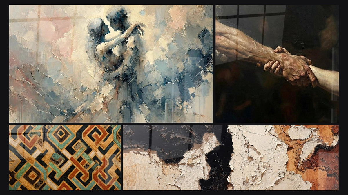 Mosaïque de quatre tableaux, dont Entre Nous, Motifs géométriques et Mains Entrelacées