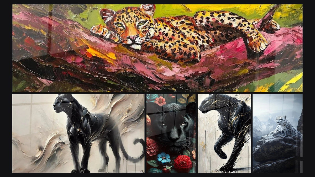 Mosaïque de cinq tableaux, dont Léopard Taches de soleil, Ombre Élégante et Mystère Sauvage