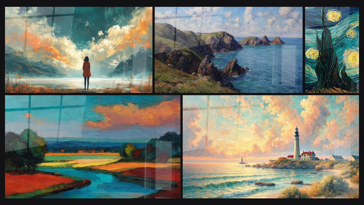 Mosaïque de cinq tableaux, dont Contemplation Solitaire, Falaises côtières et Paysage rivière coloré