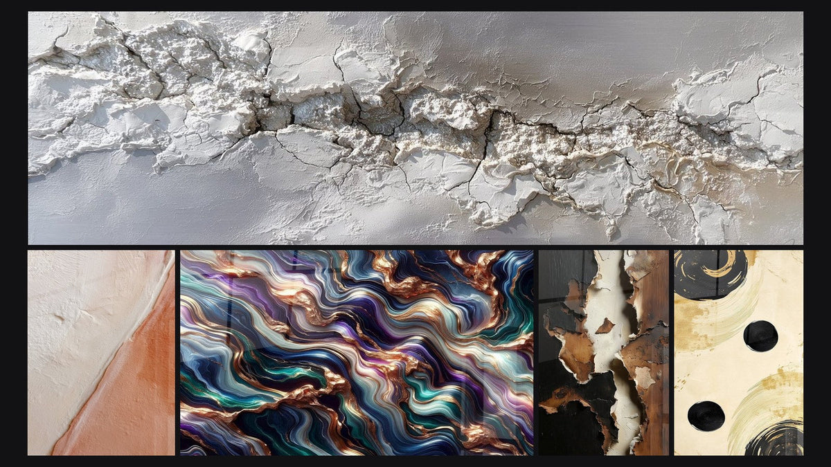 Mosaic of five paintings, including Textured Diagonal White and Brick, Serenade Mineral Abstract and Black Sphere Balance