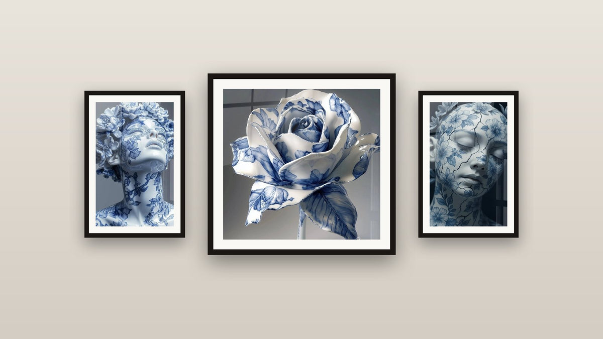 Gallery wall with three framed paintings: Flawed Beauty, China Rose and Chinese Face