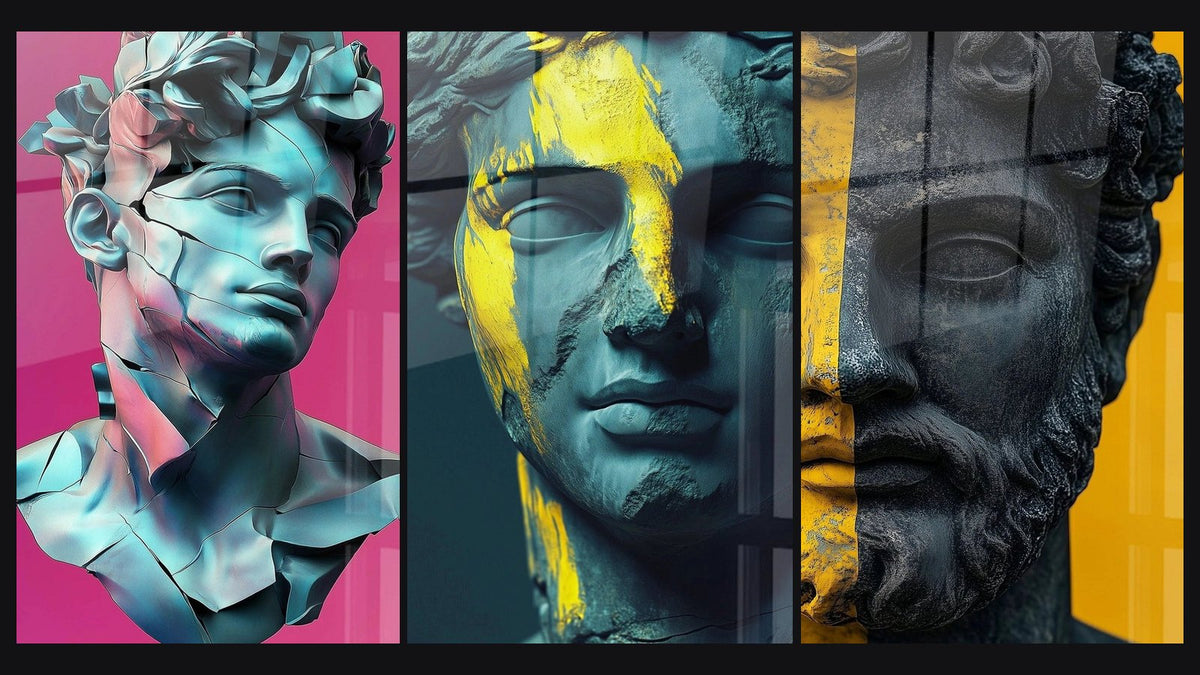 Mosaïque de trois tableaux : Pose Antique -Édition Statue, Pensée d’Or -Édition Statue et Marbre Pensif -Édition Statue