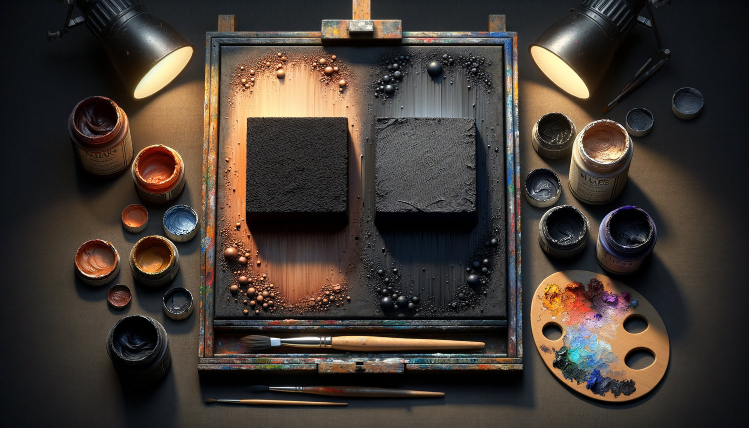 Comparaison visuelle entre noir pur saturé et noir chromatique par mélange de couleurs complémentaires