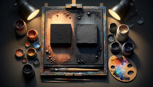 Comparaison visuelle entre noir pur saturé et noir chromatique par mélange de couleurs complémentaires